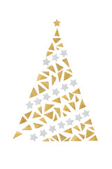 Gold and silver glitter christmas tree paper cut on white background - isolated