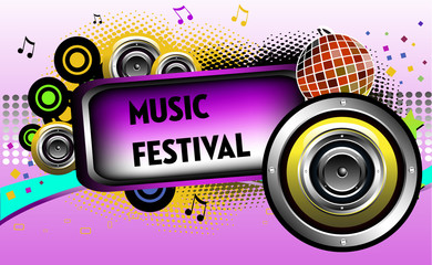 Colorful illustration with yellow loudspeakers and a purple frame with the text music festival written in black