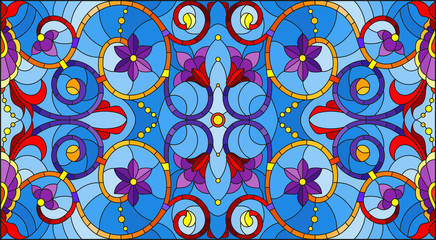 Illustration in stained glass style with abstract  swirls,flowers and leaves  on a blue background,horizontal orientation