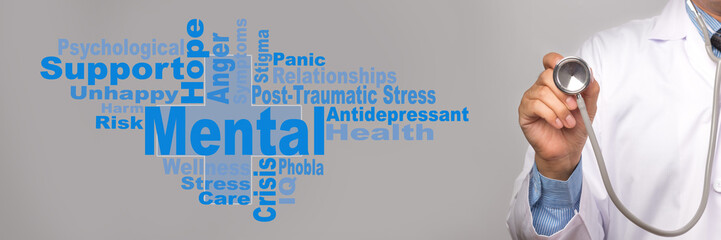 Health Care Concept. Doctor holding a stethoscope and Mental Health word on gray background.