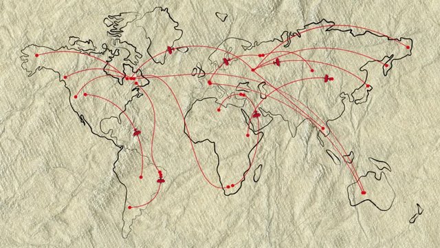 Map of the world on old paper with flat animated retro planes and flight trajectories. Lot or arcs and lines, connecting points. Global air travel concept. Seamless loop with alpha channel.