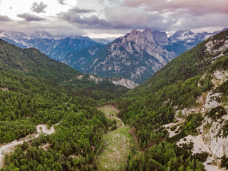Fototapeta na wymiar Aerial drone view over valley in Julian Alps,Slovenia