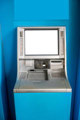 Blue ATM machine. The station automatic machines