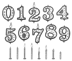 Birthday candle illustration, drawing, engraving, ink, line art, vector
