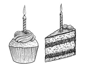 Piece of cake and muffin with candle illustration, drawing, engraving, ink, line art, vector
