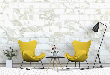 Interior living room with  armchair and a table on a background of a marble wall, 3d render