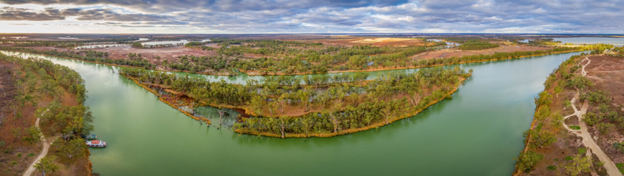 Wide aerial panorama of the famous Murray River in South Australia
