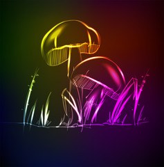 Neon mushrooms. Glowing magic mushrooms on a black background.