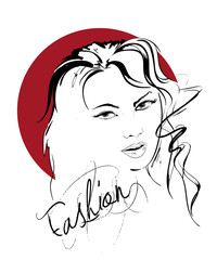 Sketch of the face of a fashion girl. Fashion girl face. Women face on white background.