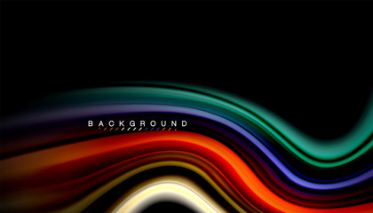 Fluid colors abstract background, twisted liquid design on black, colorful marble or plastic wave texture backdrop, multicolored template for business or technology presentation or web brochure cover