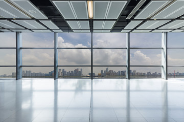 Panoramic skyline and buildings from glass window