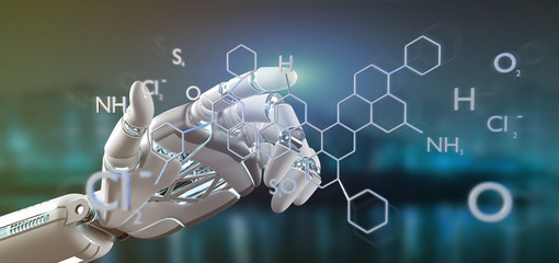 Cyborg hand holding a  molecule structure 3d rendering