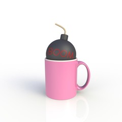 Bomb in pink coffee cup isolated on white background. Mock up Template for application design. Exhibition equipment. Set template for the placement of the logo. 3D rendering.