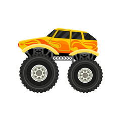 Fototapeta na wymiar Flat vector icon of bright yellow monster car with large tires. Element for mobile game, advertising poster or banner.