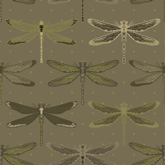 Hand drawn stylized dragonflies seamless pattern for girls, boys, clothes. Creative background with insect. Funny wallpaper for textile and fabric. Fashion style. Colorful bright