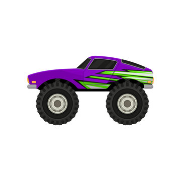 Flat vector icon of purple monster truck. Cartoon icon of car with large tires, black tinted windows and green decal. Extreme transport