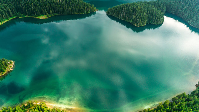 Aerial view of blue lake and green forests on a sunny summer day in Black Lake, Montenegro