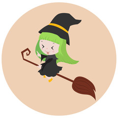 Cute girl witch flying on magical broom. Character design. Happy halloween kid concept. Cartoon vector illustration.