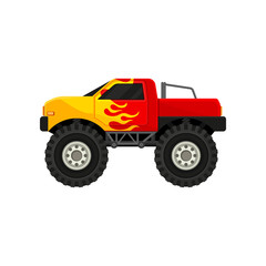 Bright red monster truck with yellow flame decal. Heave car with large tires and black tinted windows. Flat vector icon