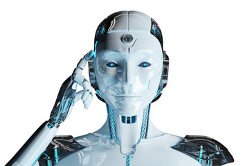 White woman cyborg thinking and touching her head 3D rendering