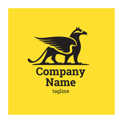 Logo company with griffin. The symbol of successful company. Illustration of gryphon on yellow background