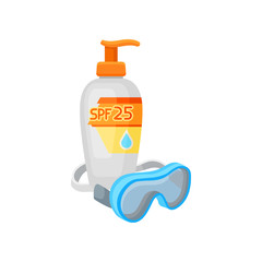 Plastic bottle of sunscreen cream with dispenser and goggles for snorkeling. Cosmetic product with SPF. Skin care theme. Flat vector icon