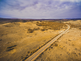 Aerial view of Flinders Ranges way - rural highway passsing through South Australian outback