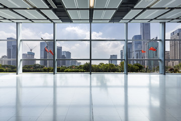 Panoramic skyline and buildings from glass window