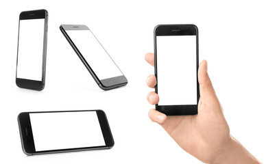 Obraz na płótnie Canvas Set with smartphones on white background. Mockup for design