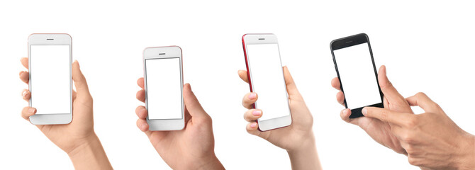 Obraz na płótnie Canvas People holding different smartphones on white background. Mockup for design