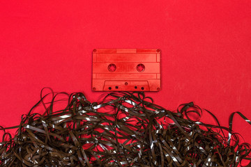 Retro cassette tapes on color background