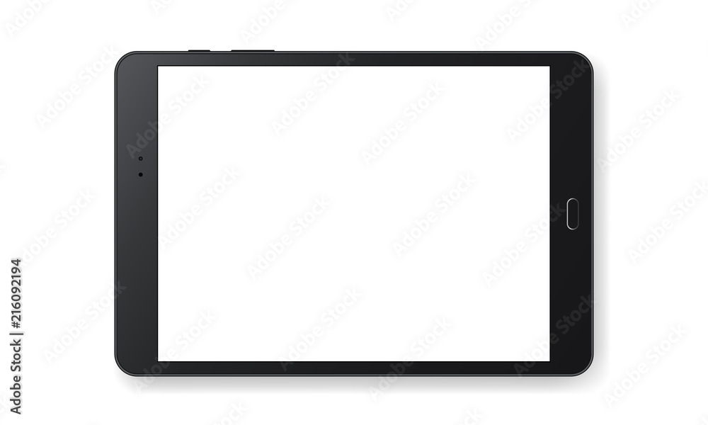 Poster horizontal black tablet computer mockup isolated on white background - front view. vector illustrati
