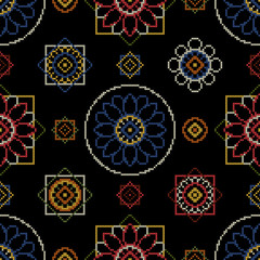 Embroidery pattern vector illustration. Bright seamless dark background with abstract flowers for wallcovering.