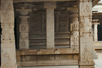 Carved pillars and the carvings on the outer wall of the entrance to the main shrine, Hazara Rama Temple