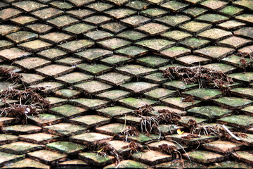 Old clay roof of Thai style house texture background.the culture of thai houses roof.