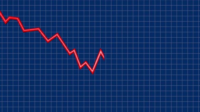 Line Graph descending.Downwards slope 3d animation. Red color. Black and white Alpha matte included