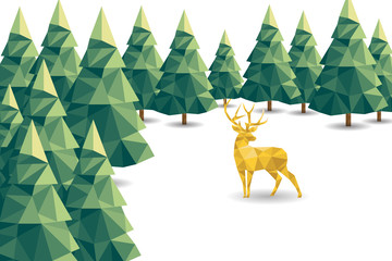 Low poly Christmas scene with reindeer and pines.