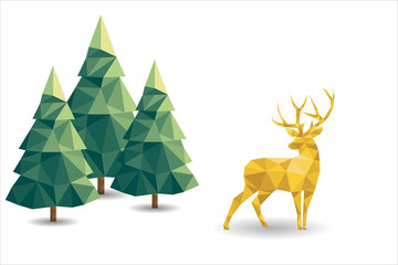 Low poly Christmas scene with reindeer and pines.