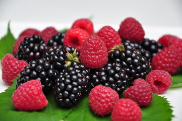 close up of red and black raspberries isolated whited background 