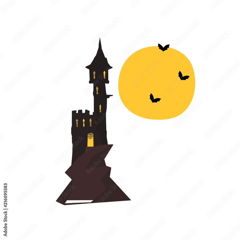 Wall mural Halloween castle tower with bats and full moon vector Illustration on a white background