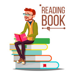 Man Reading Book Vector. Giant Stack Of Books. Library. Learning. Isolated Flat Cartoon Illustration