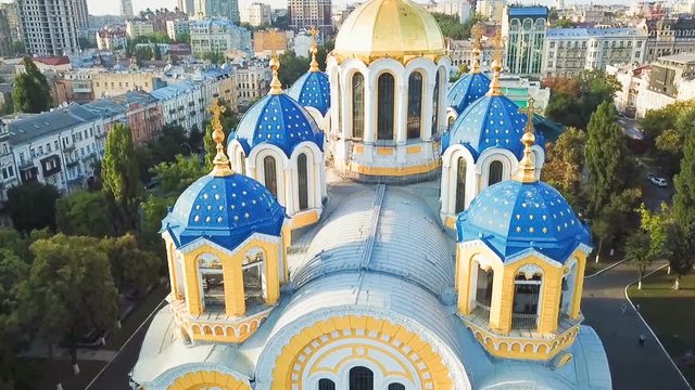 St Volodymyr's Cathedral Kyiv Kiev Ukrain landmarks. Top vie from drone aerial video. Famouse tourist places. Sunset light