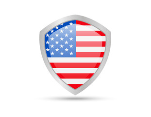 Metal shield with USA flag on white background. Vector illustration.