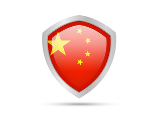 Metal shield with China flag on white background. Vector illustration.