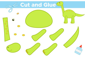 Educational paper game for children. Create cartoon dinosaur Brachiosaurus. Use scissors and glue to create the applique. Vector illustration