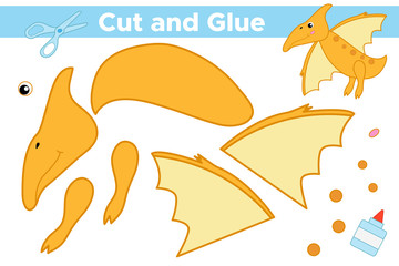 Educational paper game for children. Create cartoon dinosaur Pterodactyl. Use scissors and glue to create the applique. Vector illustration © Kristina