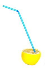 Half yellow lemon with a stuck blue cocktail straw in pulp. Isolated. White background