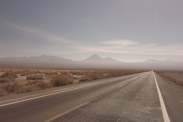 Teerstraße in Wüstenlandschaft mit Steppe vor Vulkan-Kulisse