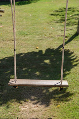 empty wooden swing hanging from a large tree with sunlight in the garden