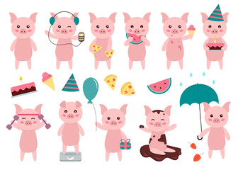 Cute vector pigs clipart. 11 different pigs  in different situations. Flat style characters.